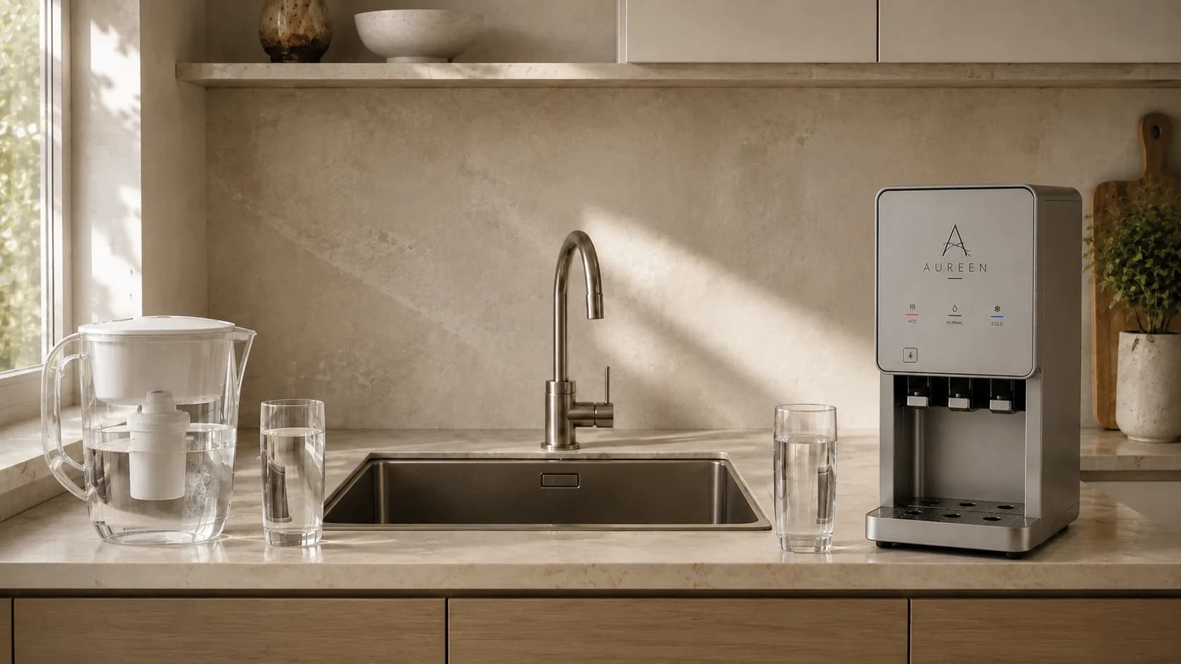 Encimera de una cocina luminosa: a la izquierda una jarra filtrante junto a un vaso de agua, a la derecha un dispensador Aureen junto a otro vaso, y entre ambos la llave sobre el lavaplatos.