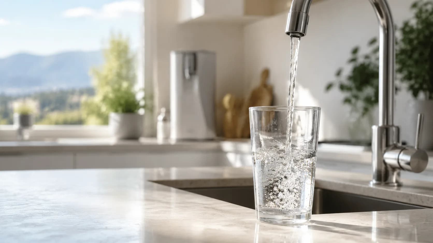 Vaso llenándose con agua en una cocina, representando la comparación entre agua de la llave y agua purificada