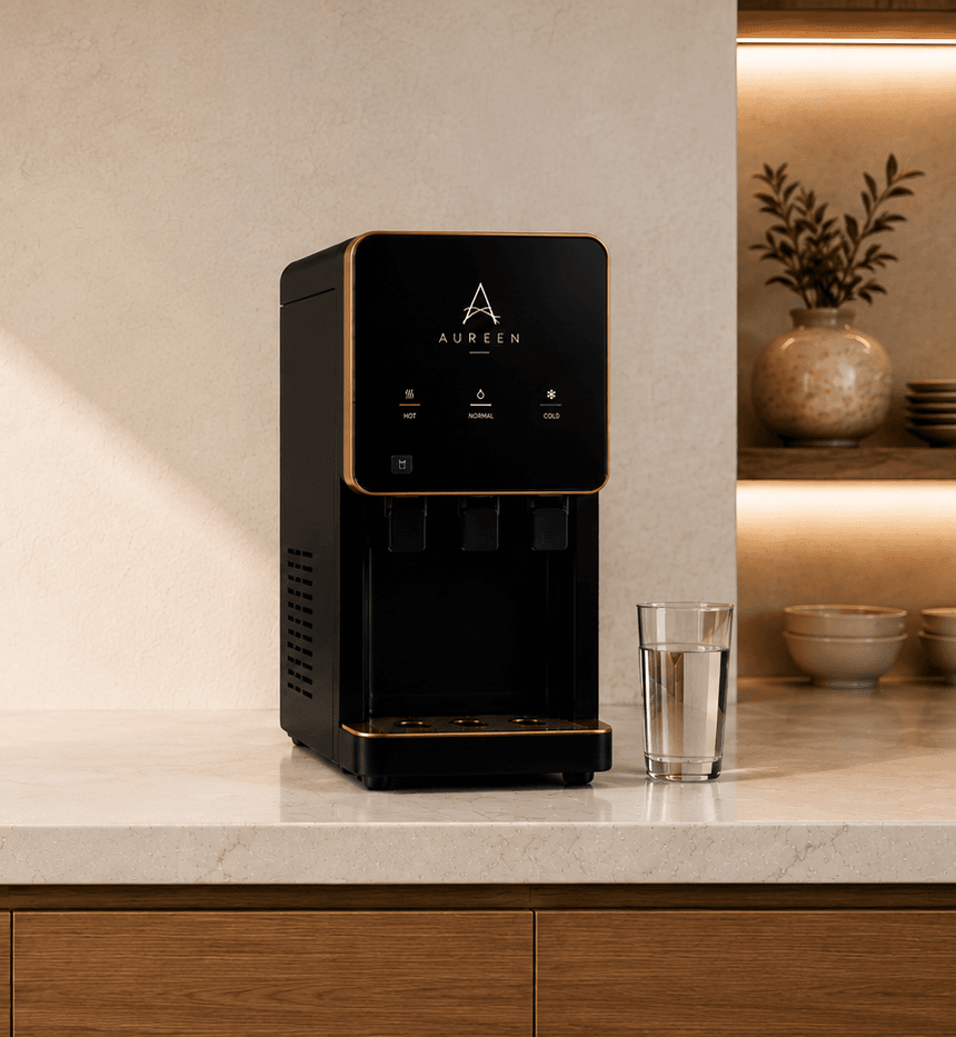 Dispensador Aureen sobre la cubierta de mármol de una cocina, con mueble de madera debajo y un vaso de agua junto a él