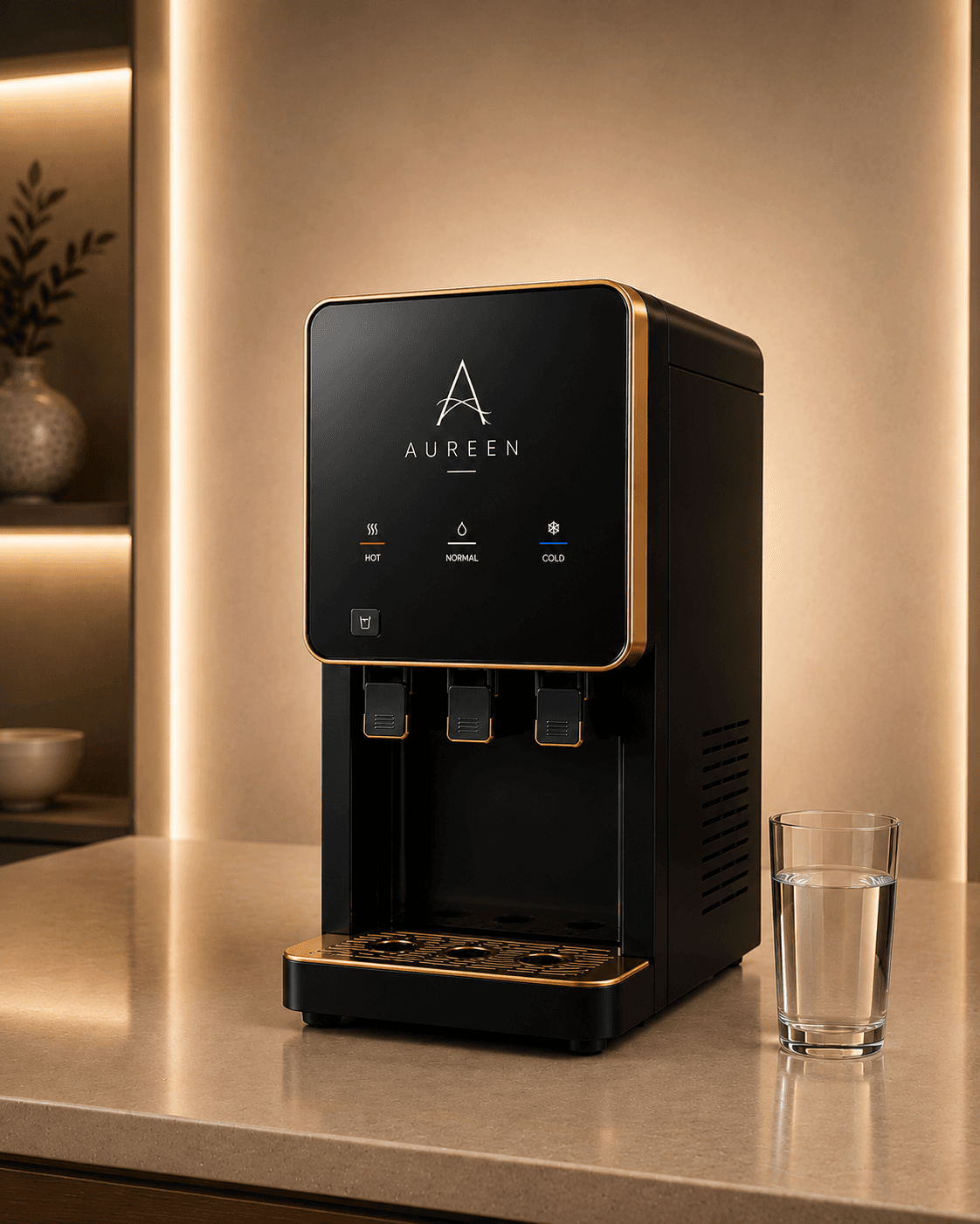Aureen Prestige — Acabado negro con detalles dorados.
