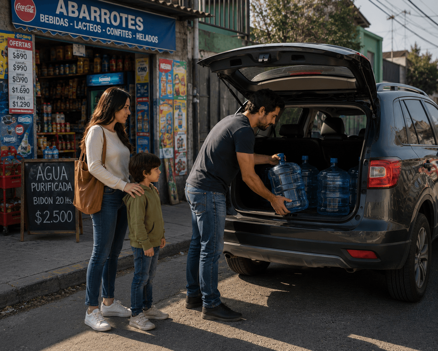 Familia comprando bidones de agua en un almacén de barrio
